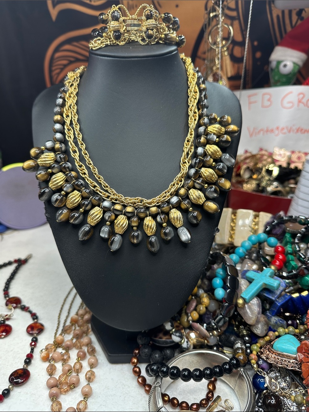 Kramer Signed Gold and Black Beaded Statement Necklace and Matching Bracelet -